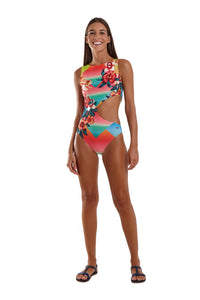 Model Front: Blueman Une Pièce Maio Body Flower Power